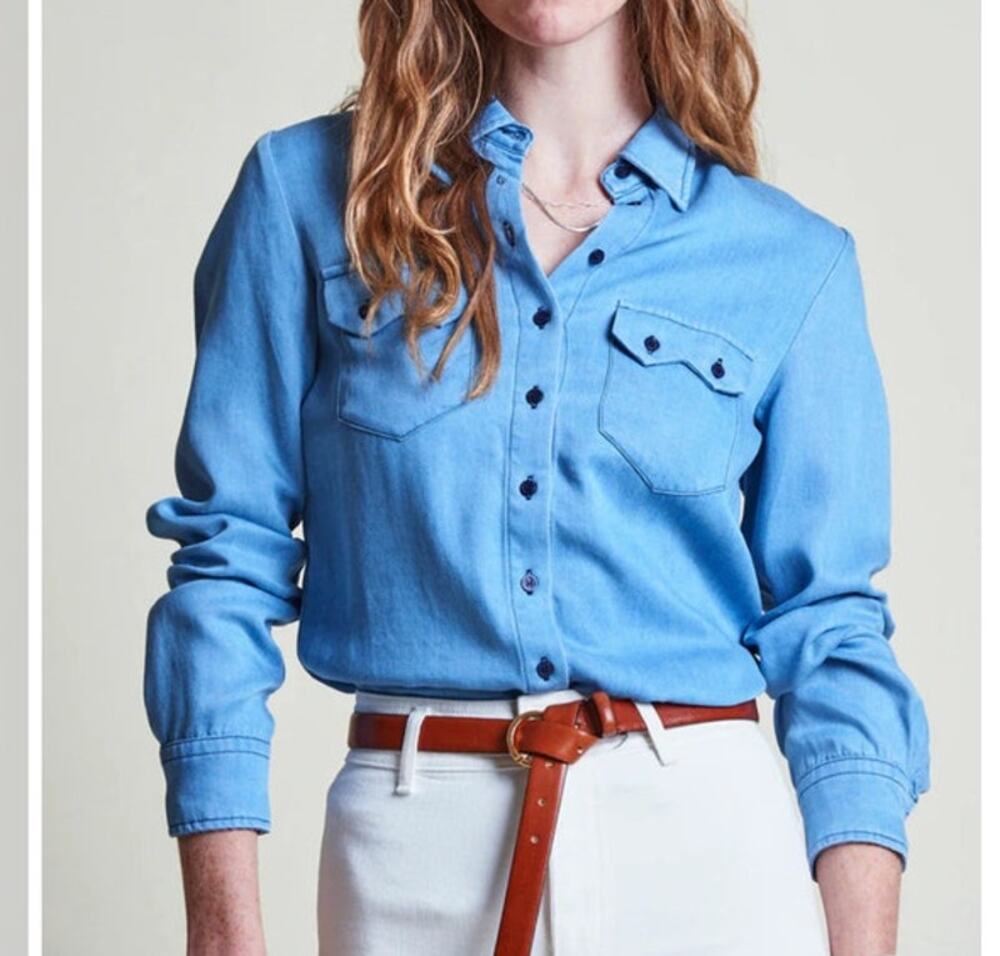 The Shirt By Rochelle Behrens XS chambray button down cowgirl western blue